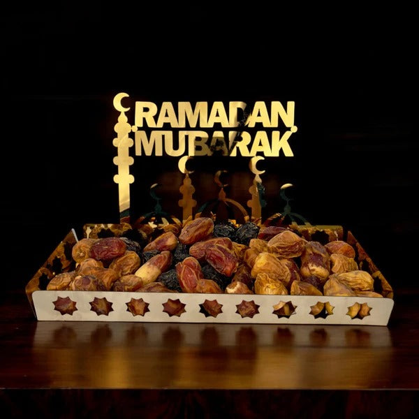 Ramadan Kareem Stainless Steel Dates Tray – Round and Rectangle Metal Serving Plate for Iftar & Gifting